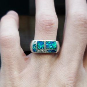 Size 8 925 Sterling Silver Blue Green Opal And CZ Gems Ring